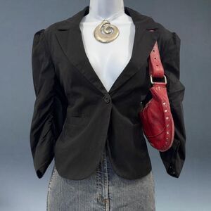 Fisbone Black Puff Sleeve Blazer Ruched Sleeve Polka Dot Lined Size M